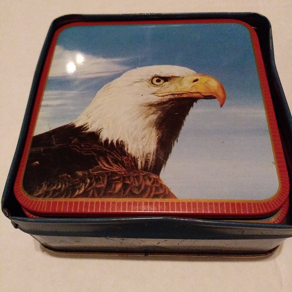 Vintage Tin Set 6 Eagle  Drink Coasters Enesco 198